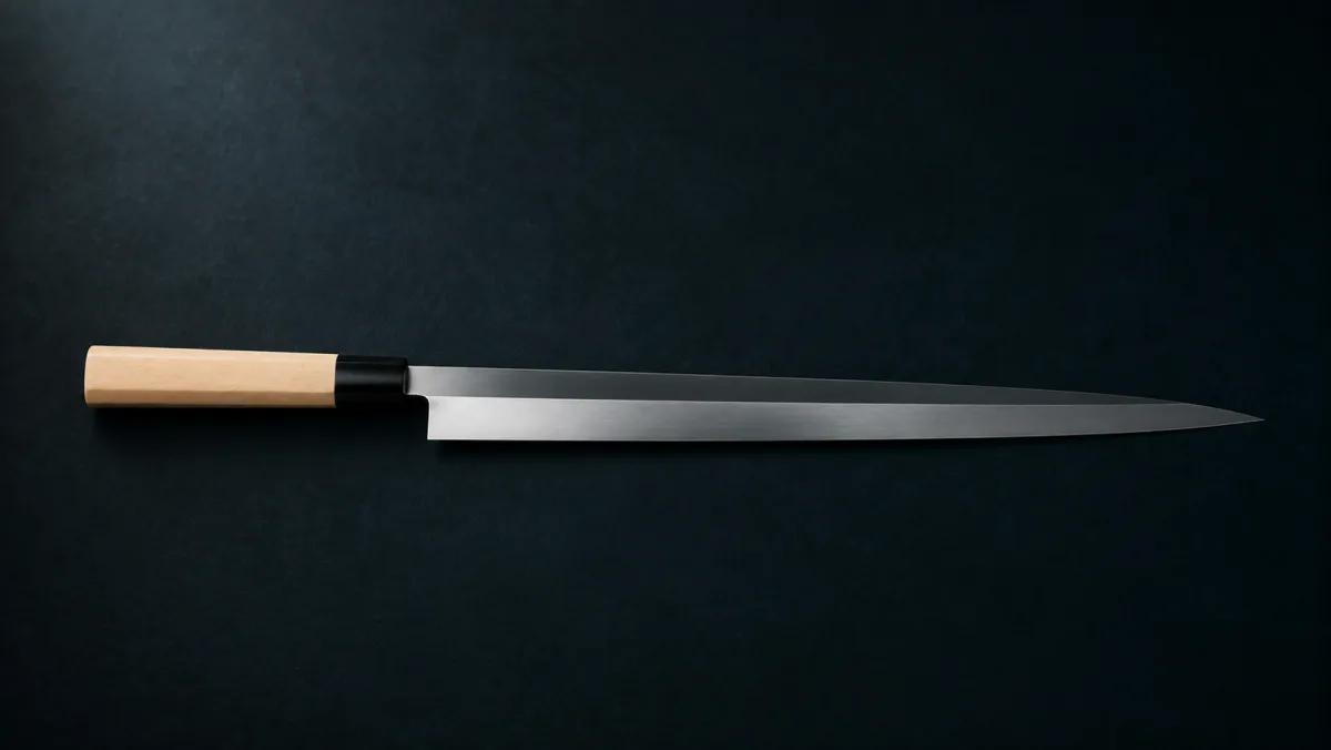 A Japanese yanagiba knife lying flat: a long slender single-bevel blade with a visible flat face, a pale magnolia handle and a dark horn ferrule.