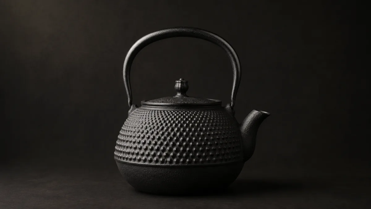 A Nambu cast iron kettle with hobnail arare texture, a bail handle and a tapering spout.