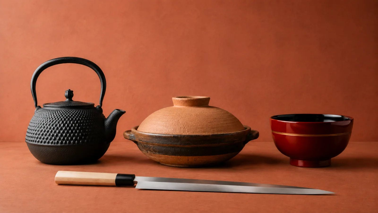 A Nambu cast iron kettle, an earthenware donabe with its lid and a vermilion lacquer bowl standing together, with a Japanese single-bevel knife lying flat in front of them.