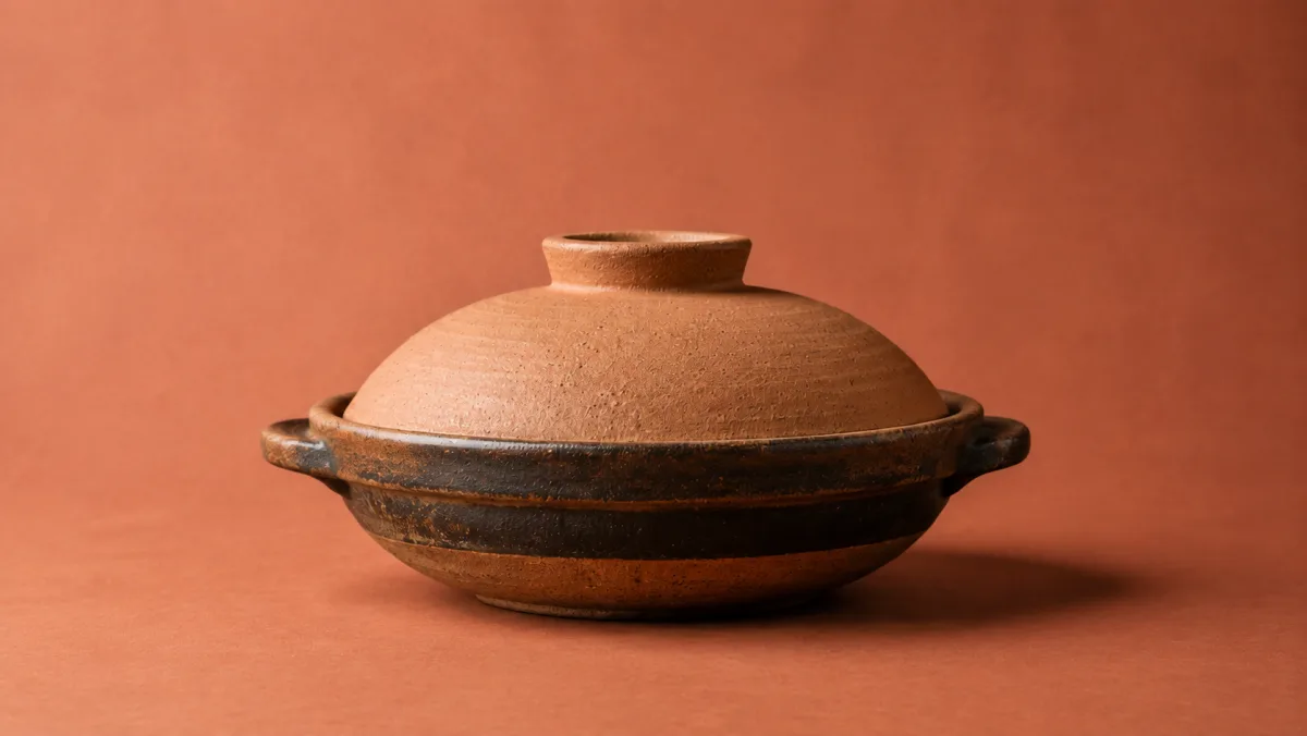 An earthenware donabe clay pot with its domed lid, side lugs and a dark glazed band.